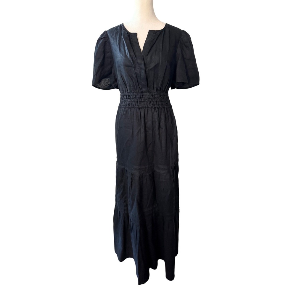NWT $75 QUINCE Black 100% Linen Tiered Coastal Maxi Beach Dress Minimalist LARGE